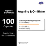 NOW Foods Arginine Ornithine 500mg 250mg for Active Training Support 100 Capsules