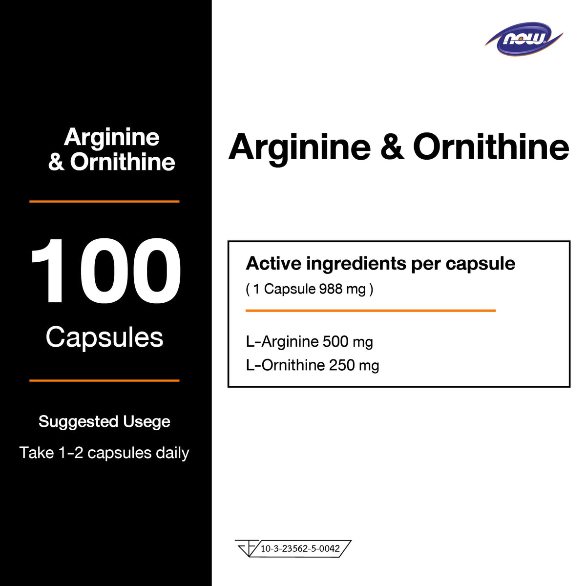 NOW Foods Arginine Ornithine 500mg 250mg for Active Training Support 100 Capsules