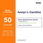NOW Foods Acetyl L Carnitine Veg Capsules 500mg for Everyday Energy Support 50 Capsules