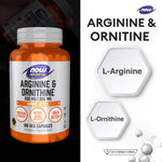NOW Foods Arginine Ornithine 500mg 250mg for Active Training Support 100 Capsules