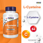 NOW Foods L Cysteine Vitamin C B6 500mg for Healthy Hair and Nails 100 Tablets