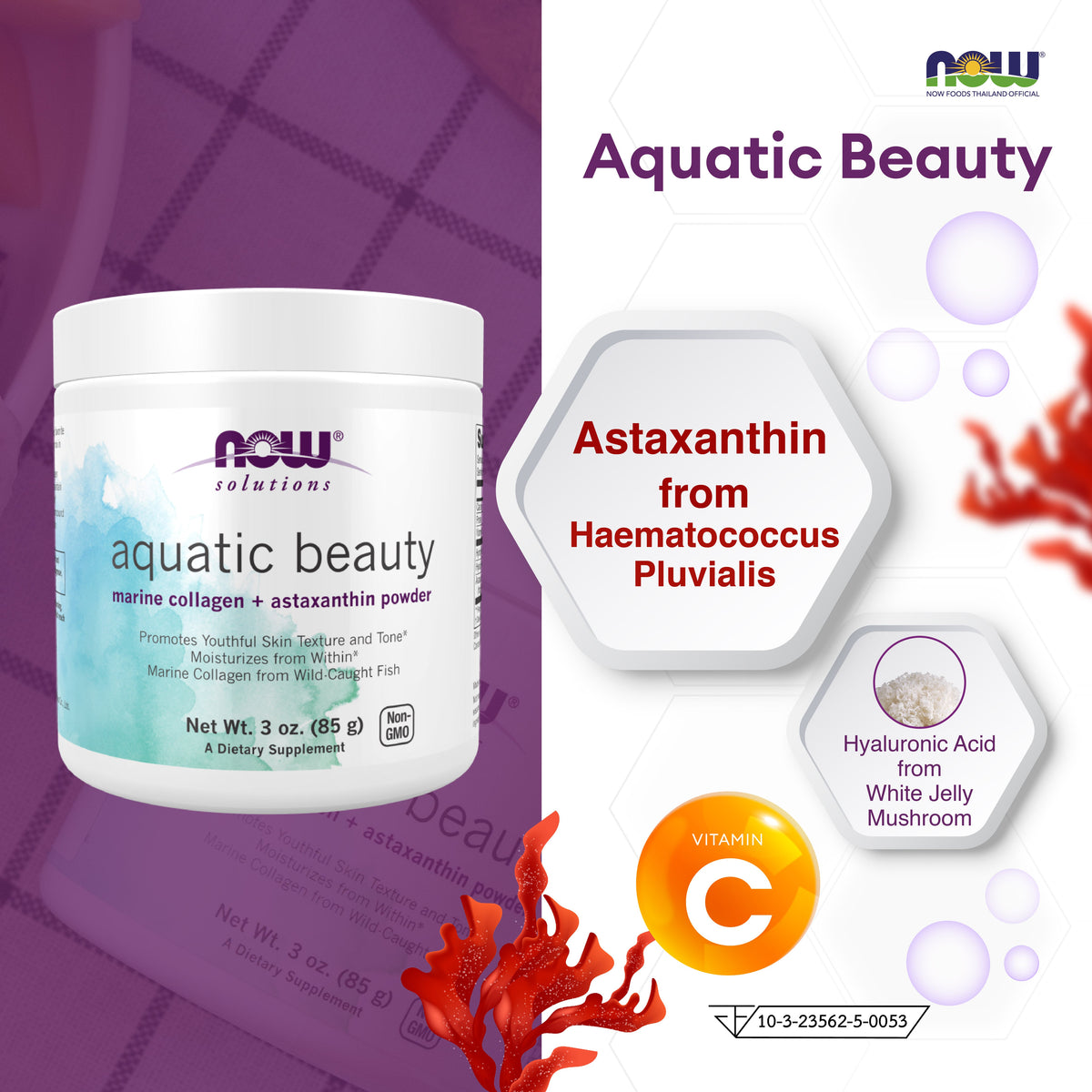 NOW Foods Aquatic Marine Collagen Astaxanthin for Skin Radiance 85 g