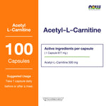 NOW Foods Acetyl L Carnitine 500mg Veg Capsules for Active Nutrition Support 100 Capsules