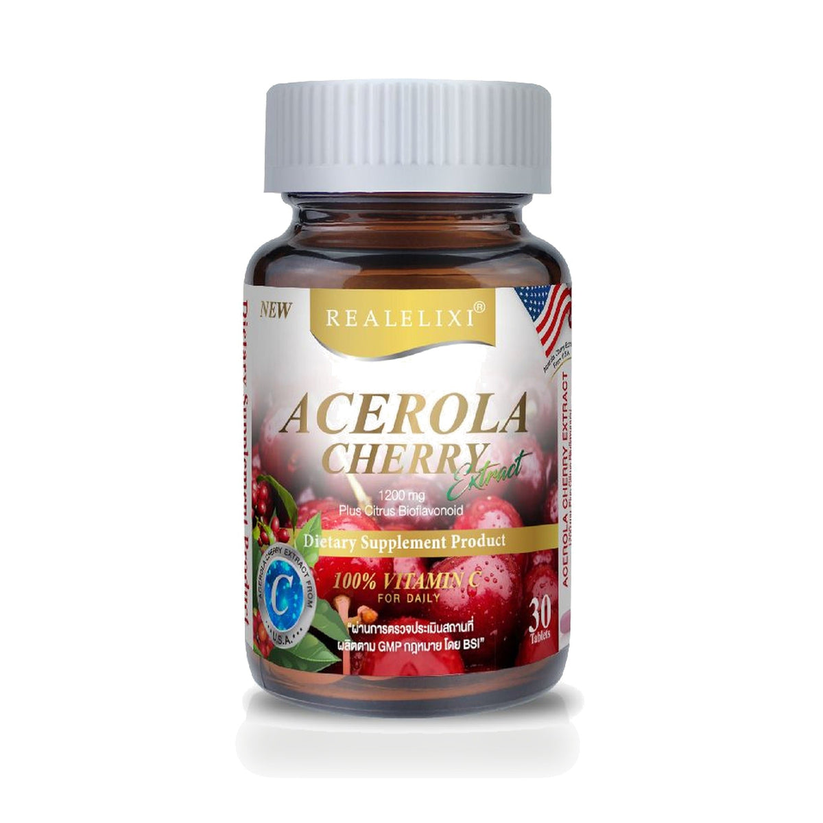 Real Elixir Acerola Cherry Extract 1,200mg Tablets ‚ 30 Tablets