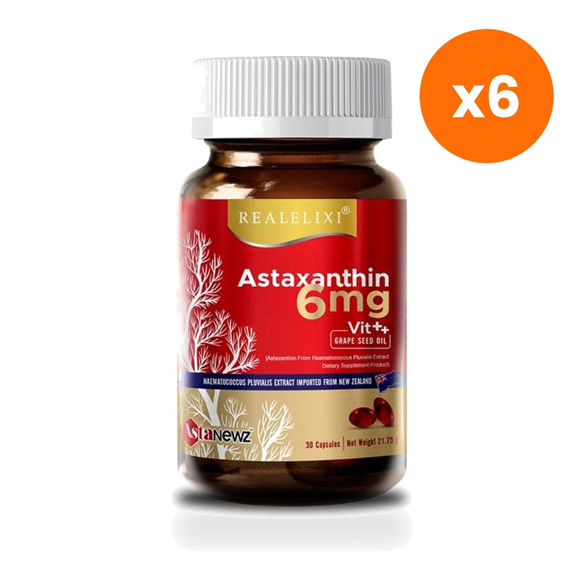 Real Elixir Astaxanthin Vit Plus 6mg for Skin and Bone Health 30 Capsules