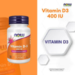 NOW Foods Vitamin D3 Softgels 400 IU for Bone and Immune Health 180 Softgels