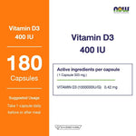 NOW Foods Vitamin D3 Softgels 400 IU for Bone and Immune Health 180 Softgels