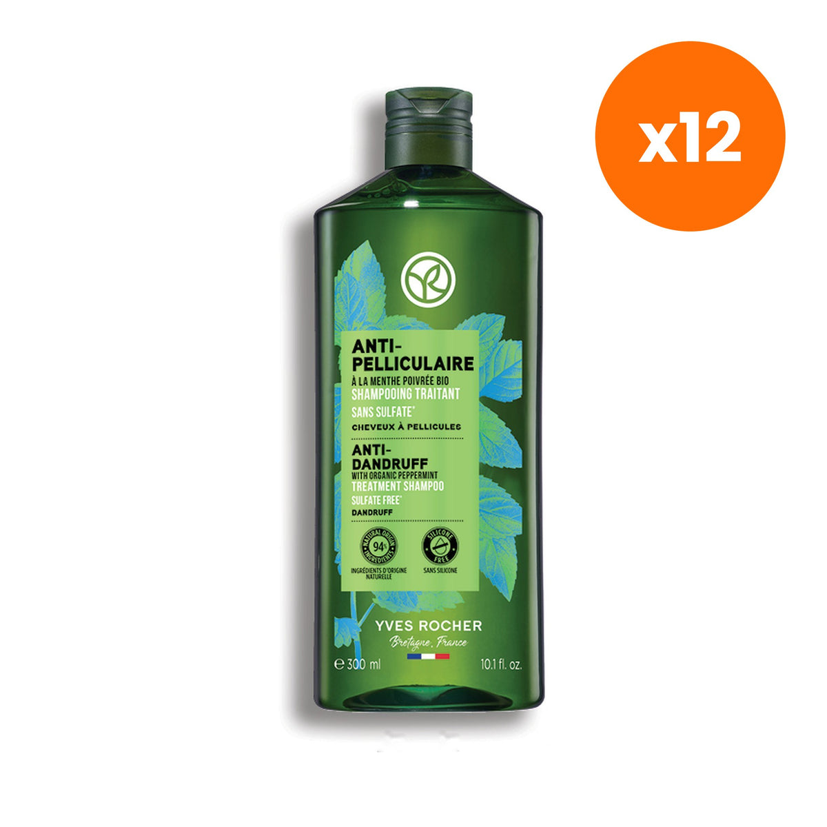 Yves Rocher Anti Dandruff Organic Peppermint Treatment Shampoo for Scalp Care 300 ml – 12 pack bundle