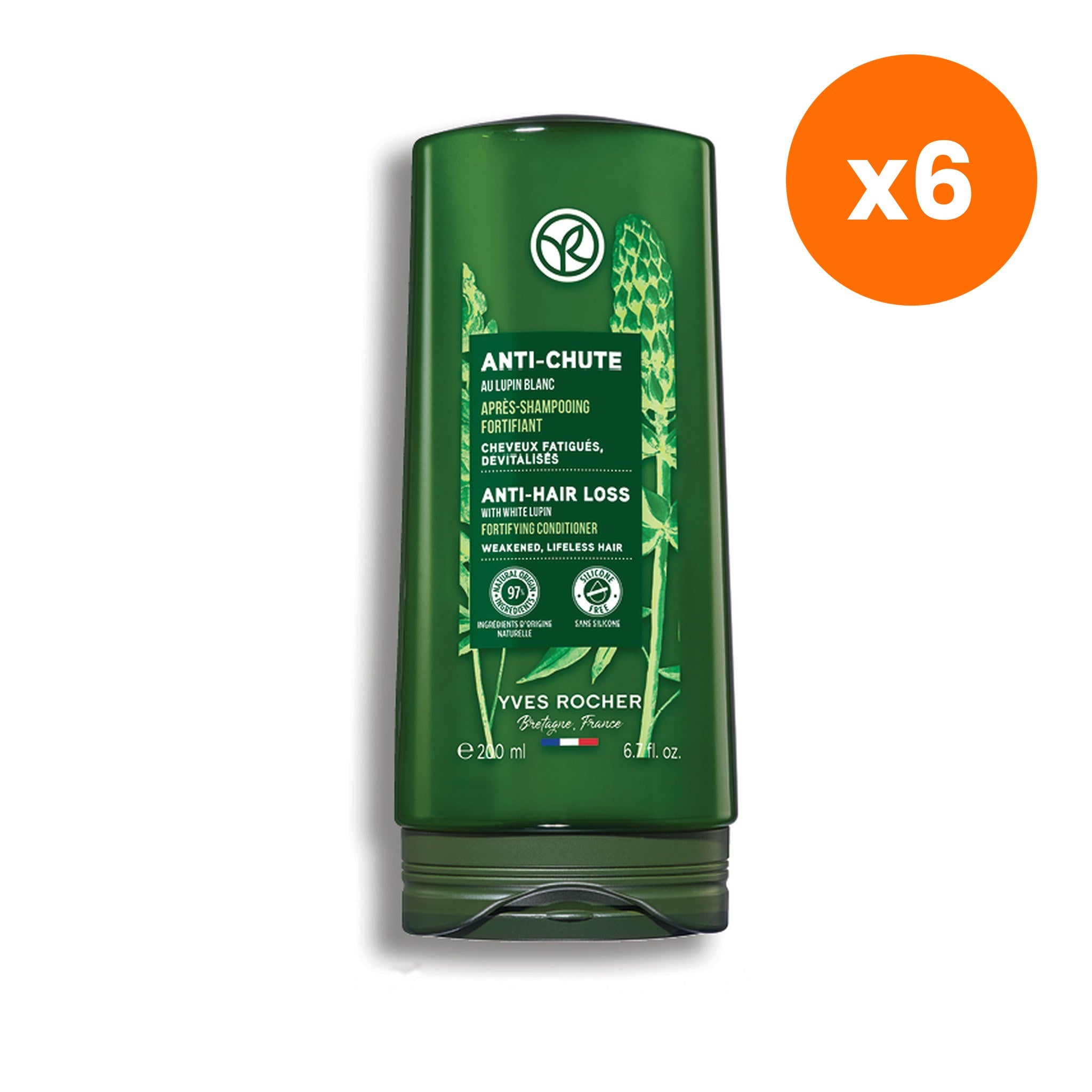 Yves Rocher Anti Hair Loss White Lupin Fortifying Conditioner for Hair Strength 200 ml – 6 pack bundle