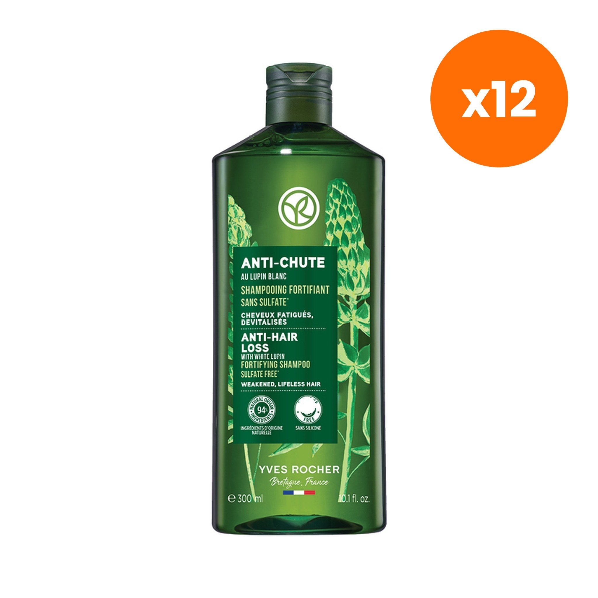 Yves Rocher Anti Hair Loss White Lupin Fortifying Shampoo for Hair Strength 300 ml – 12 pack bundle