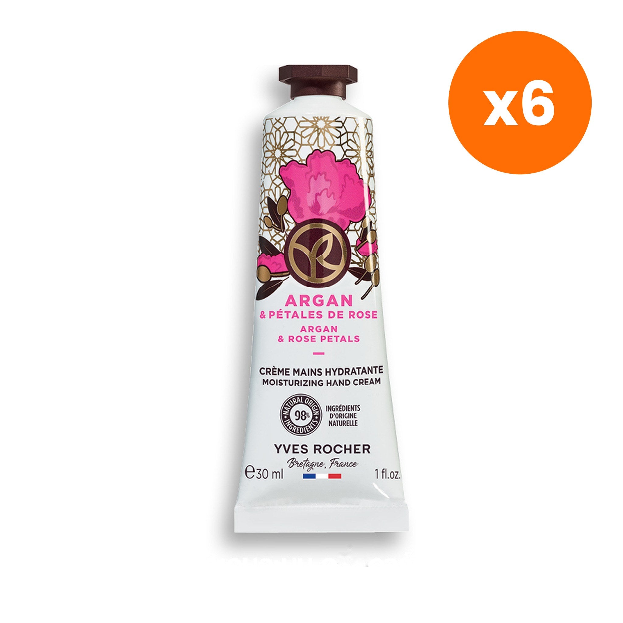 Yves Rocher Argan and Rose Petals Moisturizing Hand Cream for Skin Radiance 30 ml – 6 pack bundle