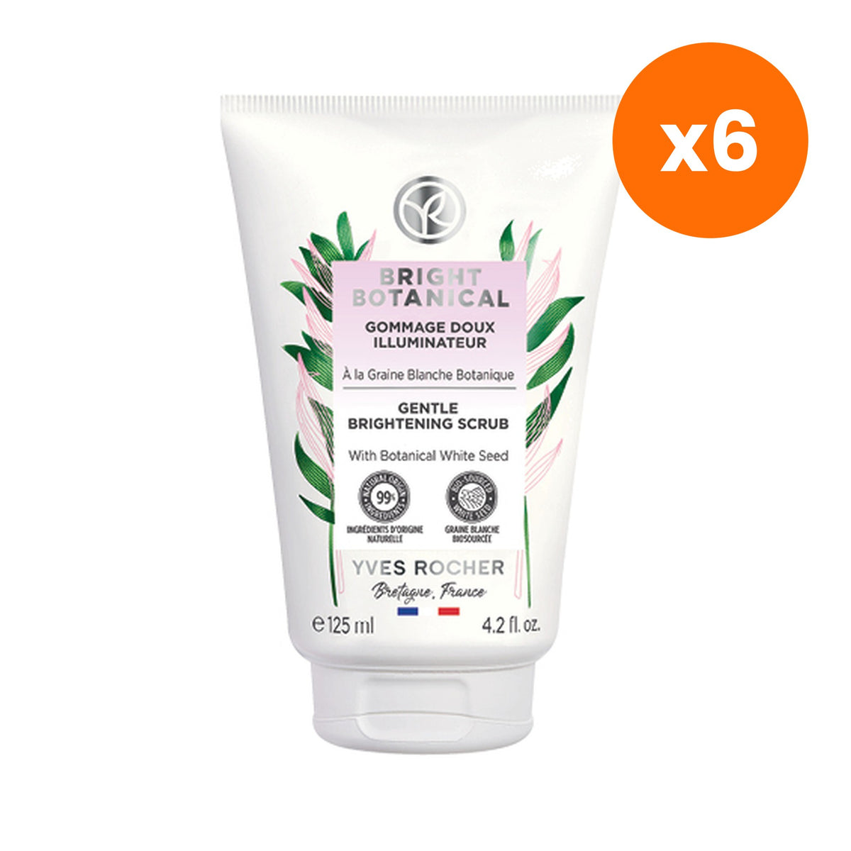 Yves Rocher Bright Botanical Gentle Brightening Facial Scrub for Skin Renewal 125 ml – 6 pack bundle
