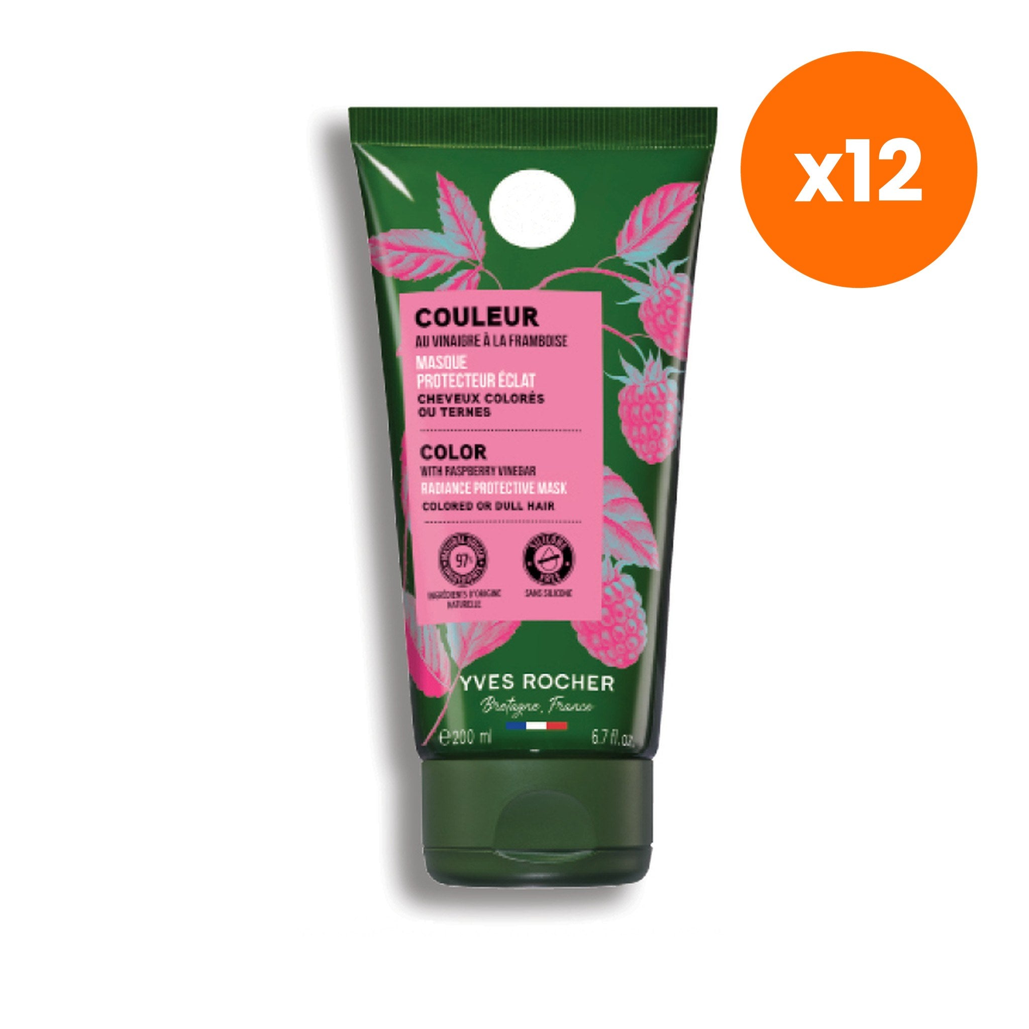 Yves Rocher Color Raspberry Vinegar Radiance Protective Hair Mask for Color Care 200 ml – 12 pack bundle