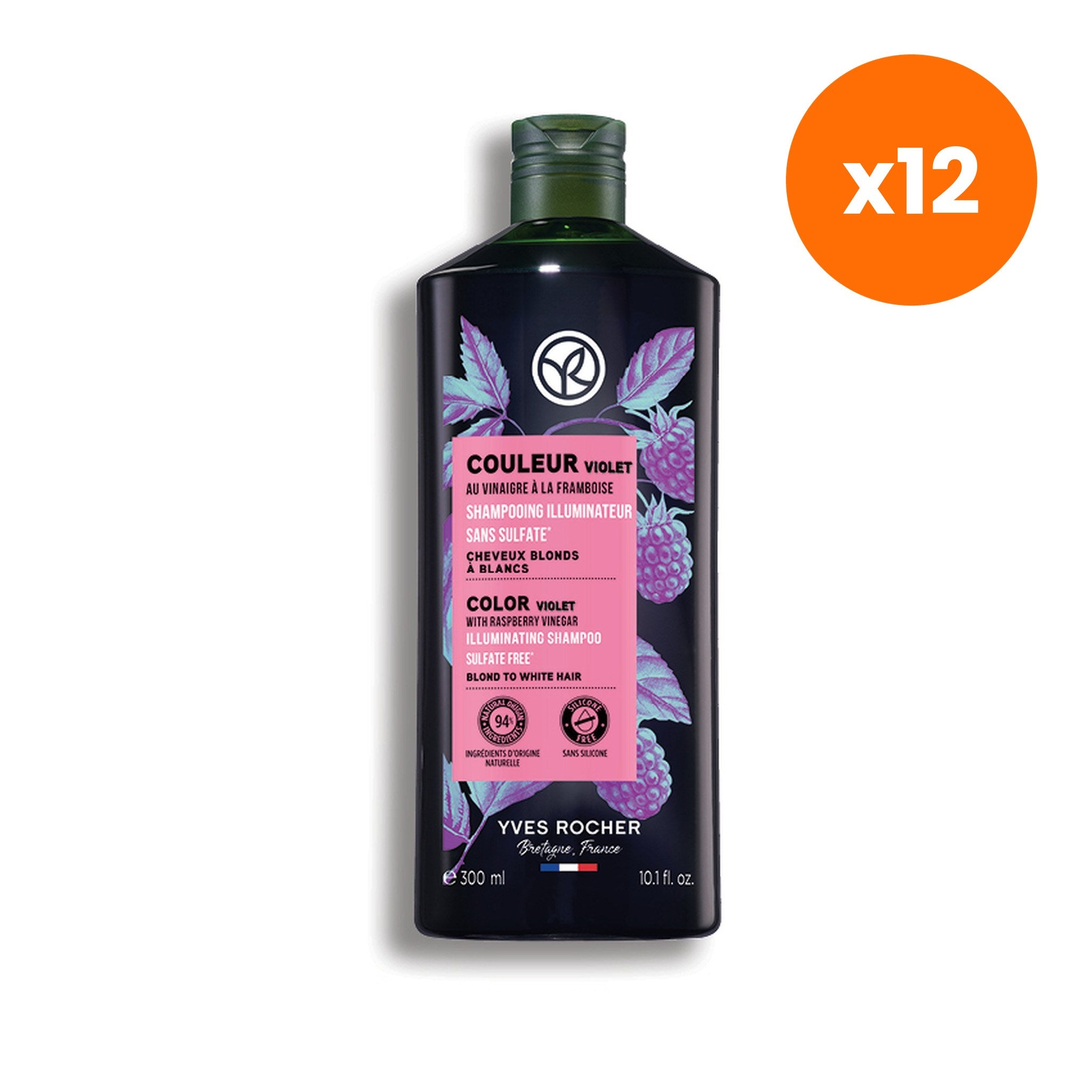 Yves Rocher Color Violet Raspberry Vinegar Illuminating Shampoo for Color Care 300 ml – 12 pack bundle