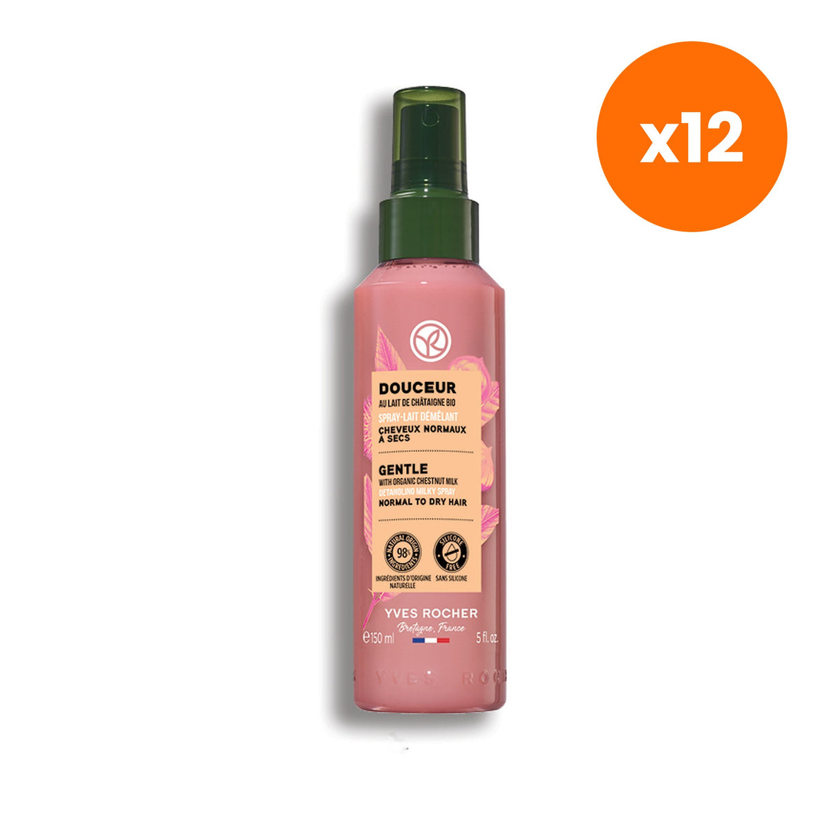 Yves Rocher Gentle Organic Chestnut Milk Detangling Spray for Easy Detangling 150 ml – 12 pack bundle