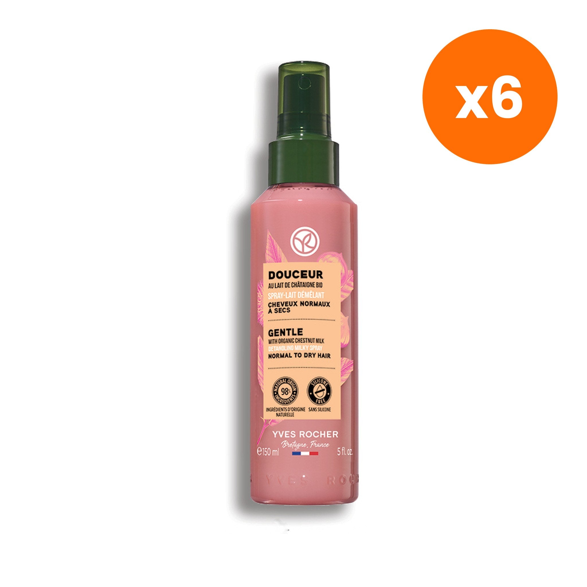 Yves Rocher Gentle Organic Chestnut Milk Detangling Spray for Easy Detangling 150 ml – 6 pack bundle