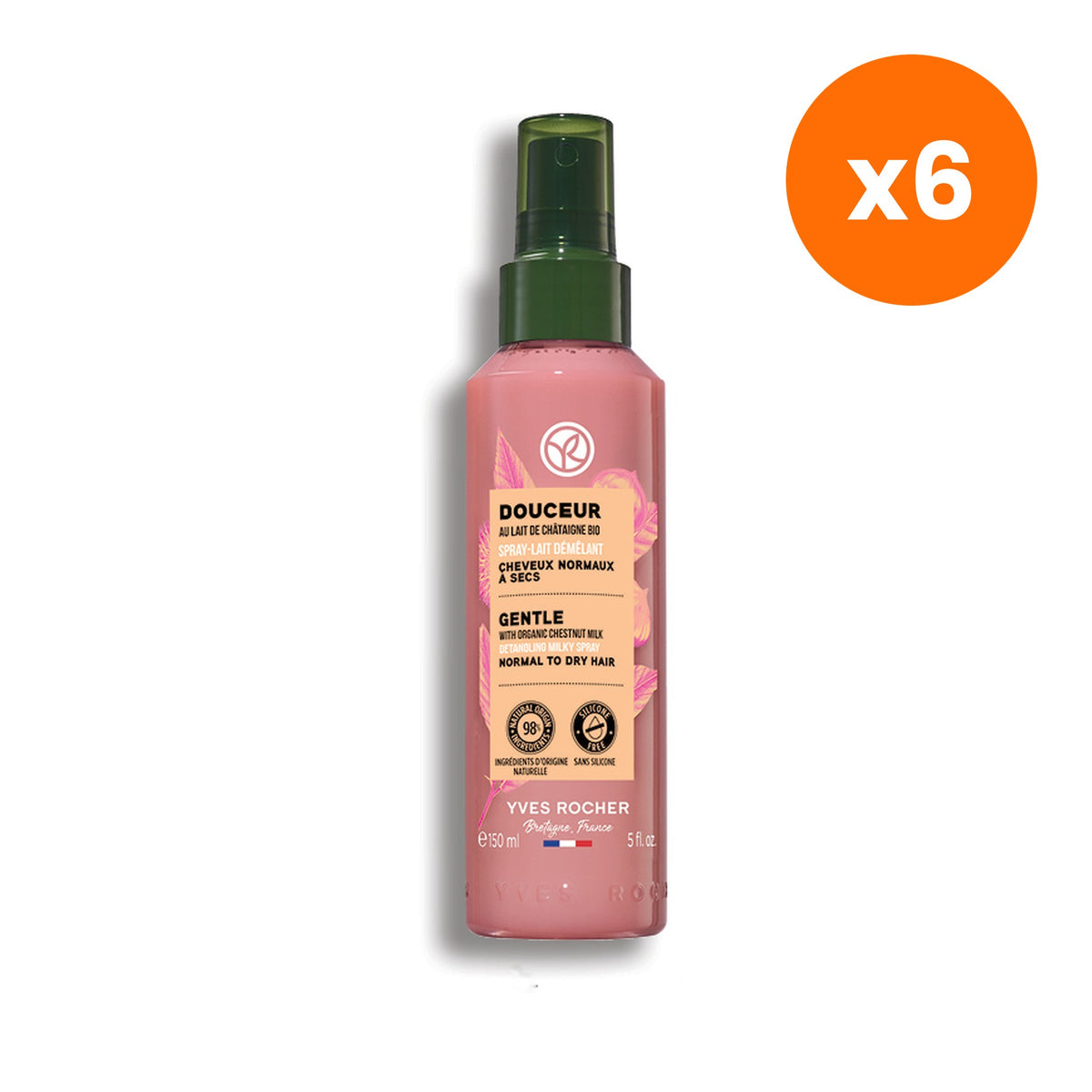 Yves Rocher Gentle Organic Chestnut Milk Detangling Spray for Easy Detangling 150 ml – 6 pack bundle