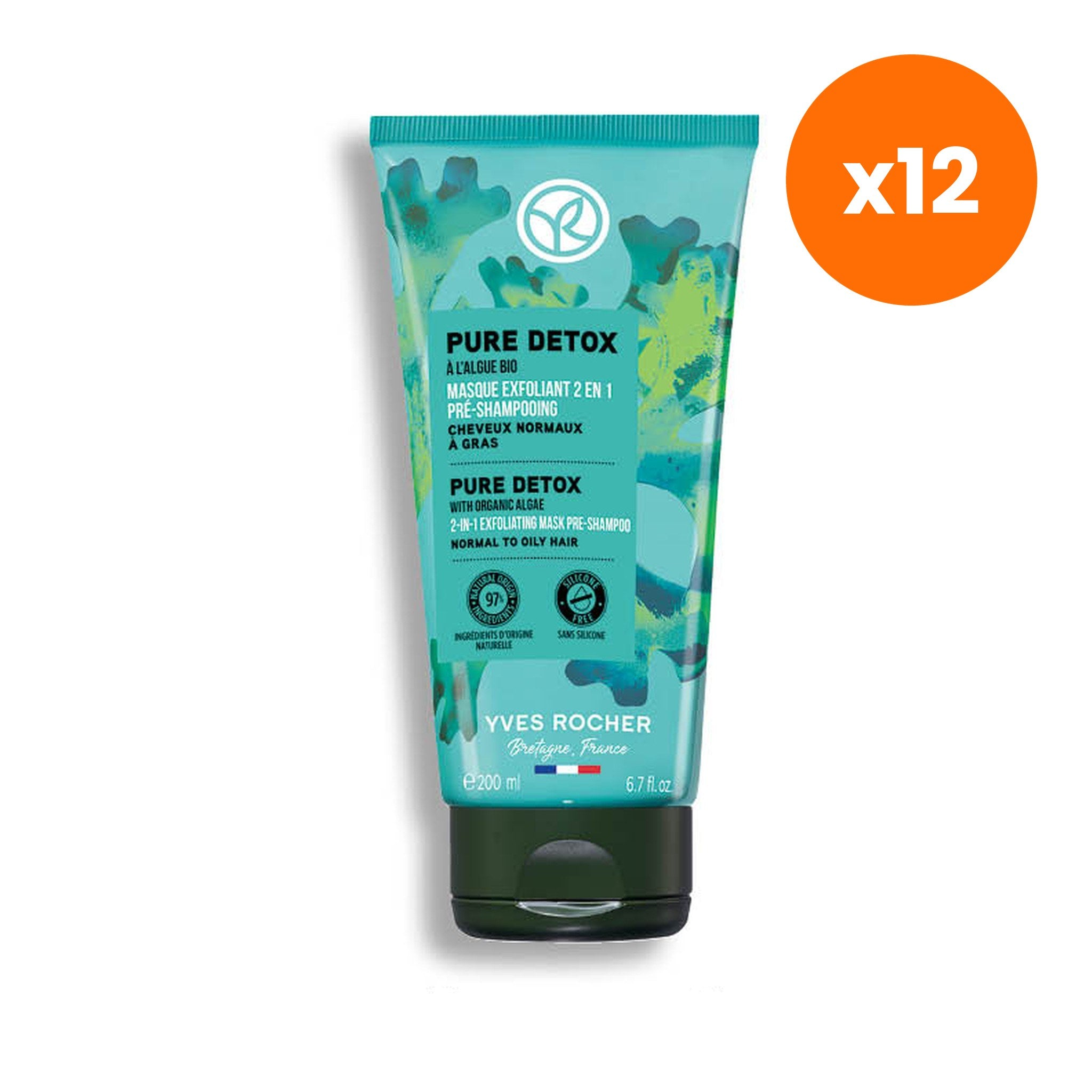 Yves Rocher Pure Organic Algae 2 in 1 Exfoliating Pre Shampoo Mask for Scalp Renewal 300 ml – 12 pack bundle