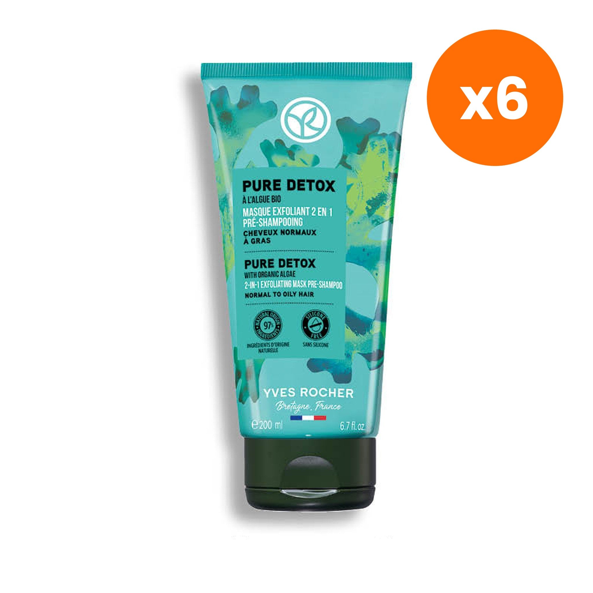 Yves Rocher Pure Organic Algae 2 in 1 Exfoliating Pre Shampoo Mask for Scalp Renewal 300 ml – 6 pack bundle