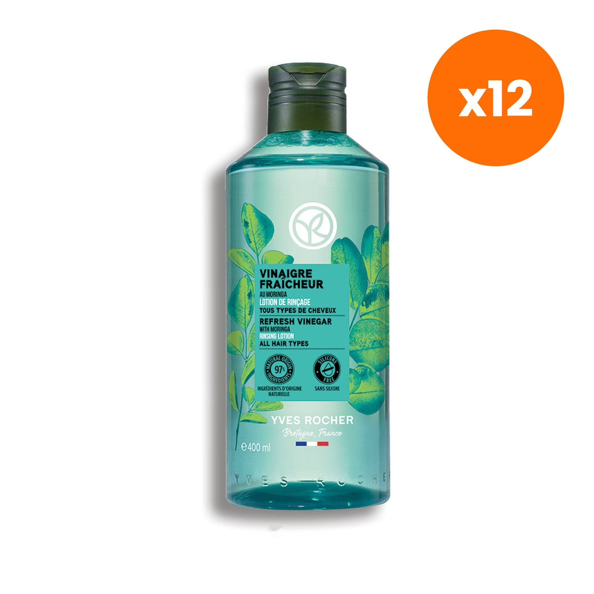 Yves Rocher Refresh Vinegar with Moringa Rinsing Lotion for Scalp Care 400 ml – 12 pack bundle