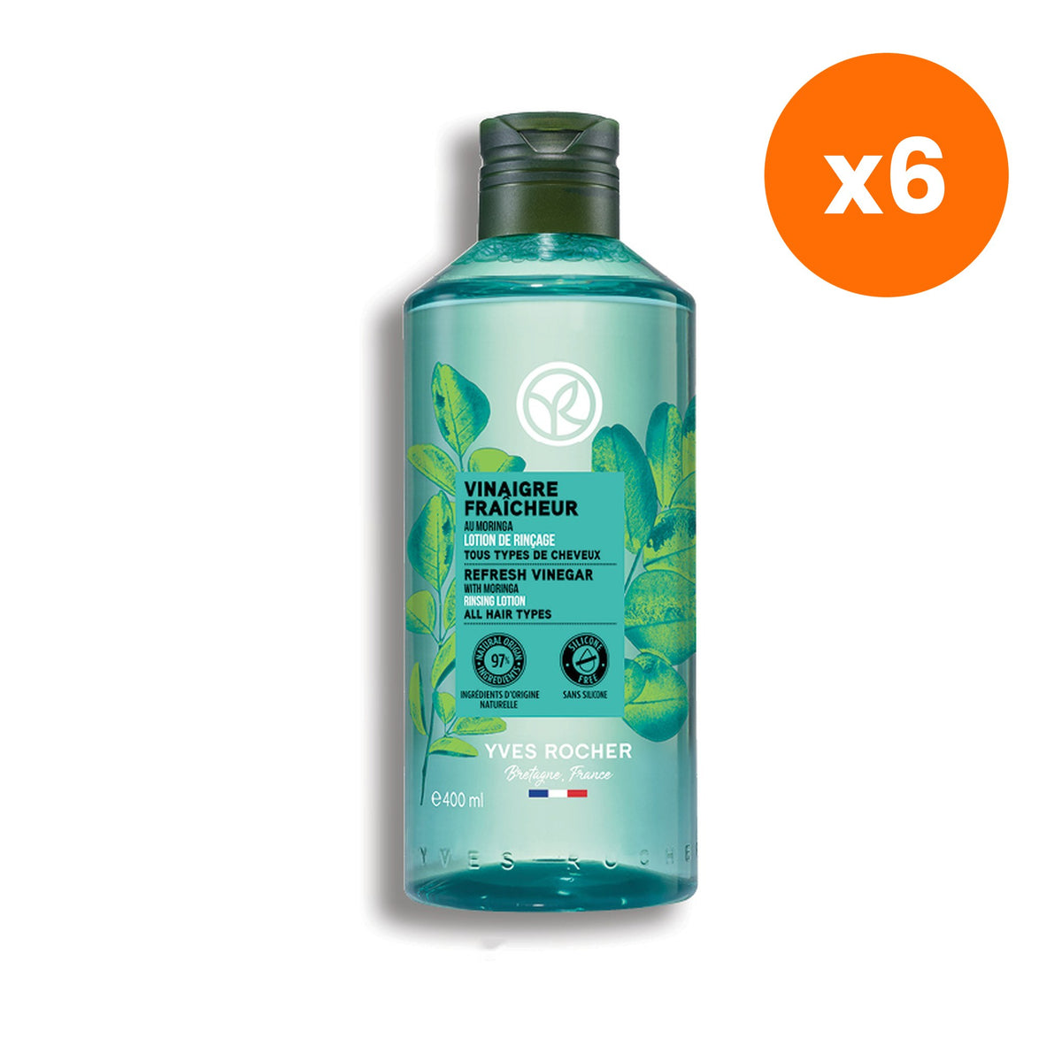 Yves Rocher Refresh Vinegar with Moringa Rinsing Lotion for Scalp Care 400 ml – 6 pack bundle