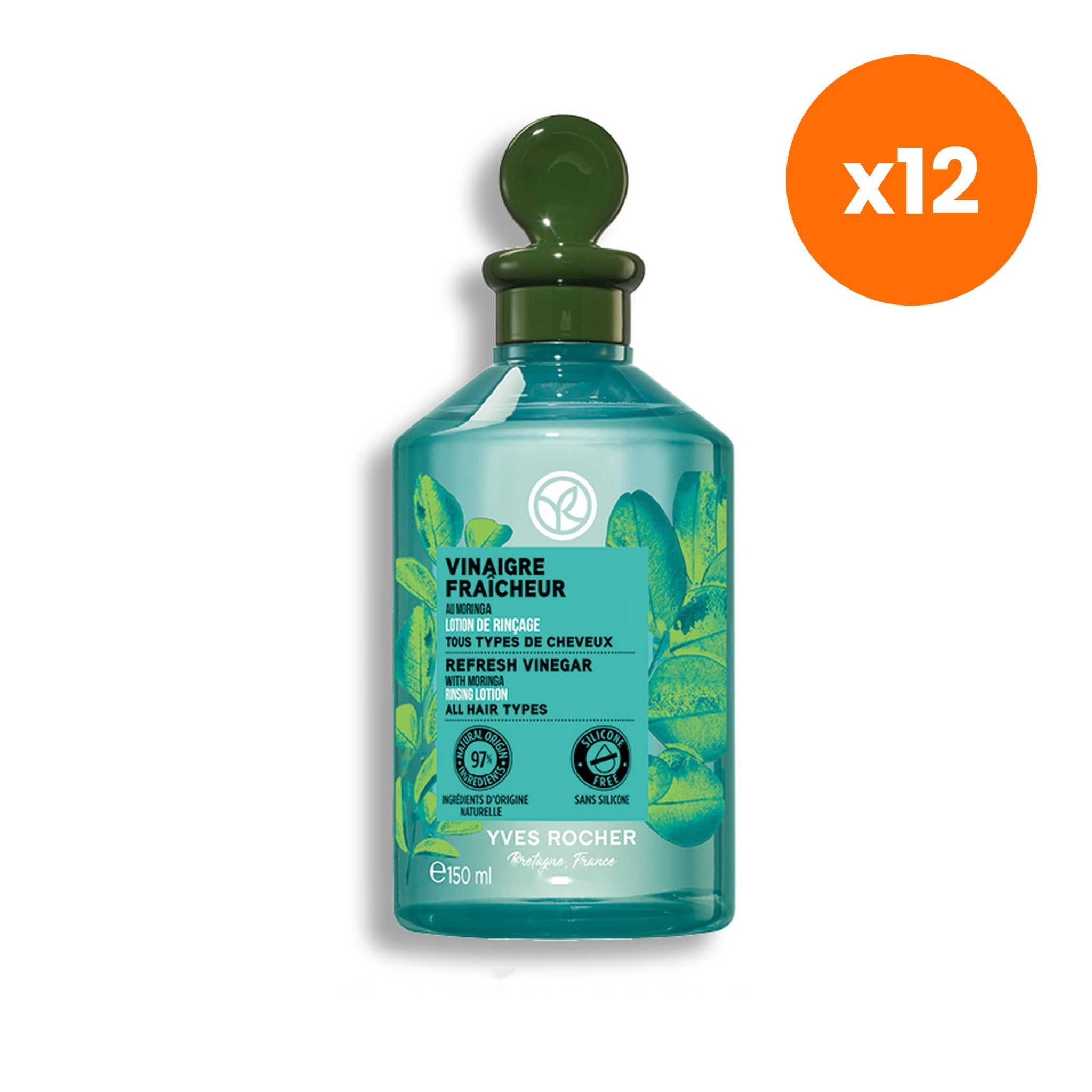 Yves Rocher Refresh Vinegar with Moringa Rinsing Lotion for Scalp Care 150 ml – 12 pack bundle