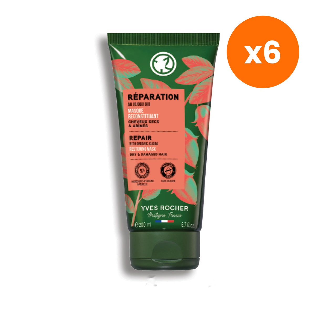 Yves Rocher Repair Organic Jojoba Restoring Hair Mask for Damage Care 200 ml – 6 pack bundle