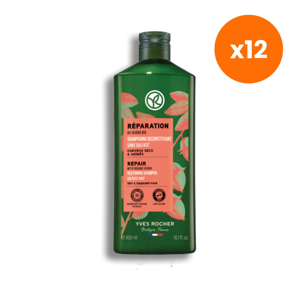 Yves Rocher Repair Organic Jojoba Restoring Shampoo for Damage Care 300 ml – 12 pack bundle