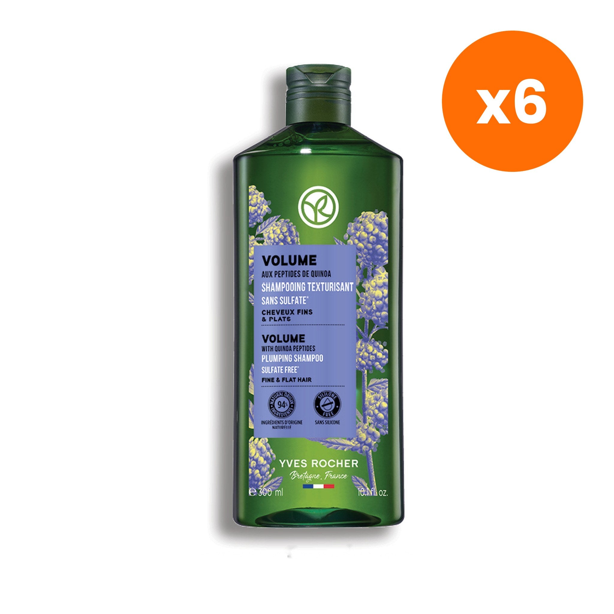 Yves Rocher Volume Quinoa Peptide Plumping Shampoo for Hair Volume 300 ml – 6 pack bundle