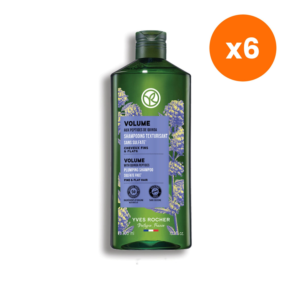 Yves Rocher Volume Quinoa Peptide Plumping Shampoo for Hair Volume 300 ml – 6 pack bundle
